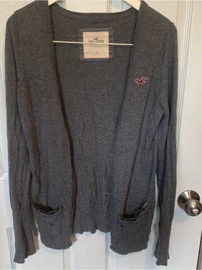 Hollister Women's Dark Gray Open-Front Cardigan with Logo